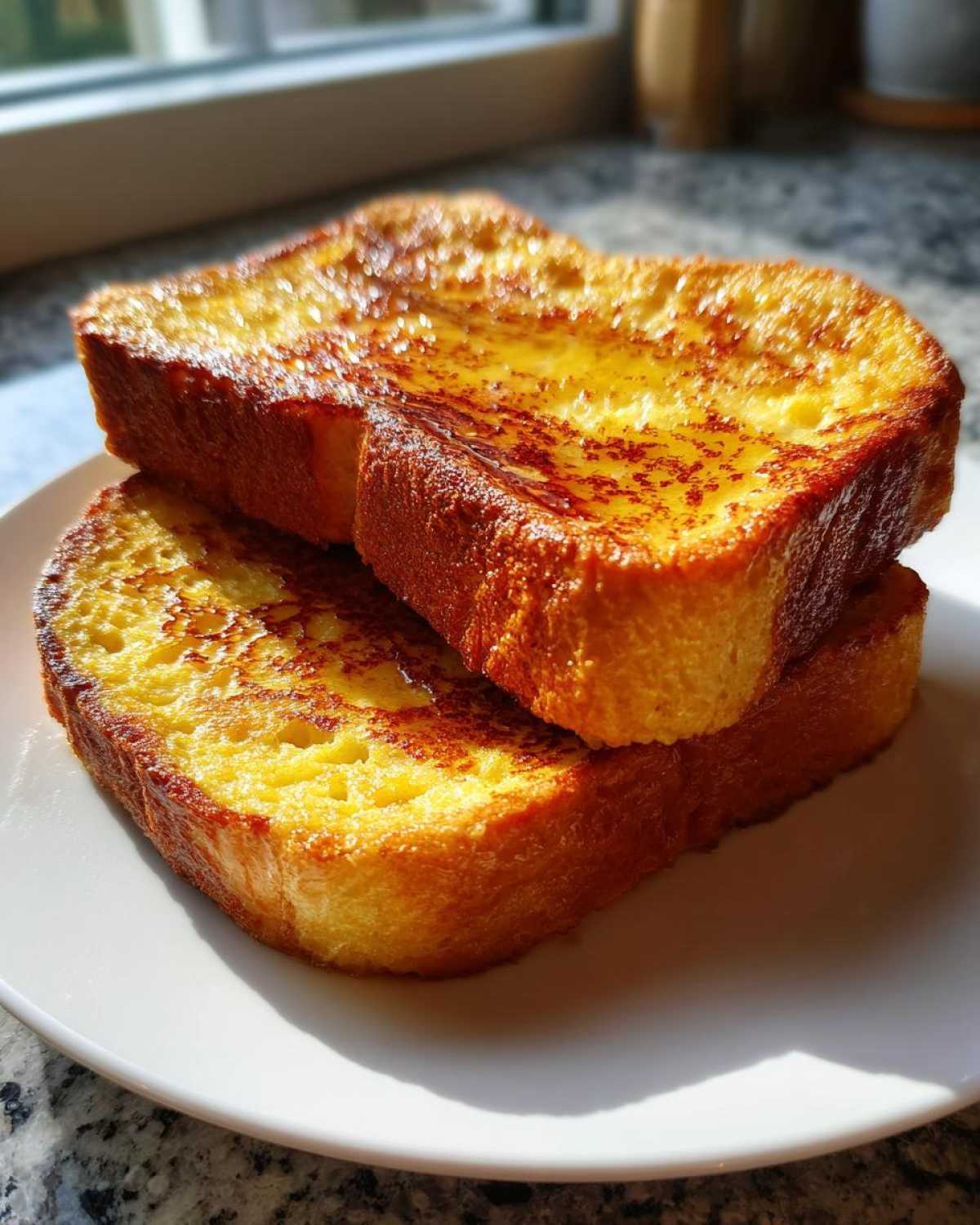 Two thick slices of golden brown french toast stacked on a white plate, glistening with syrup.