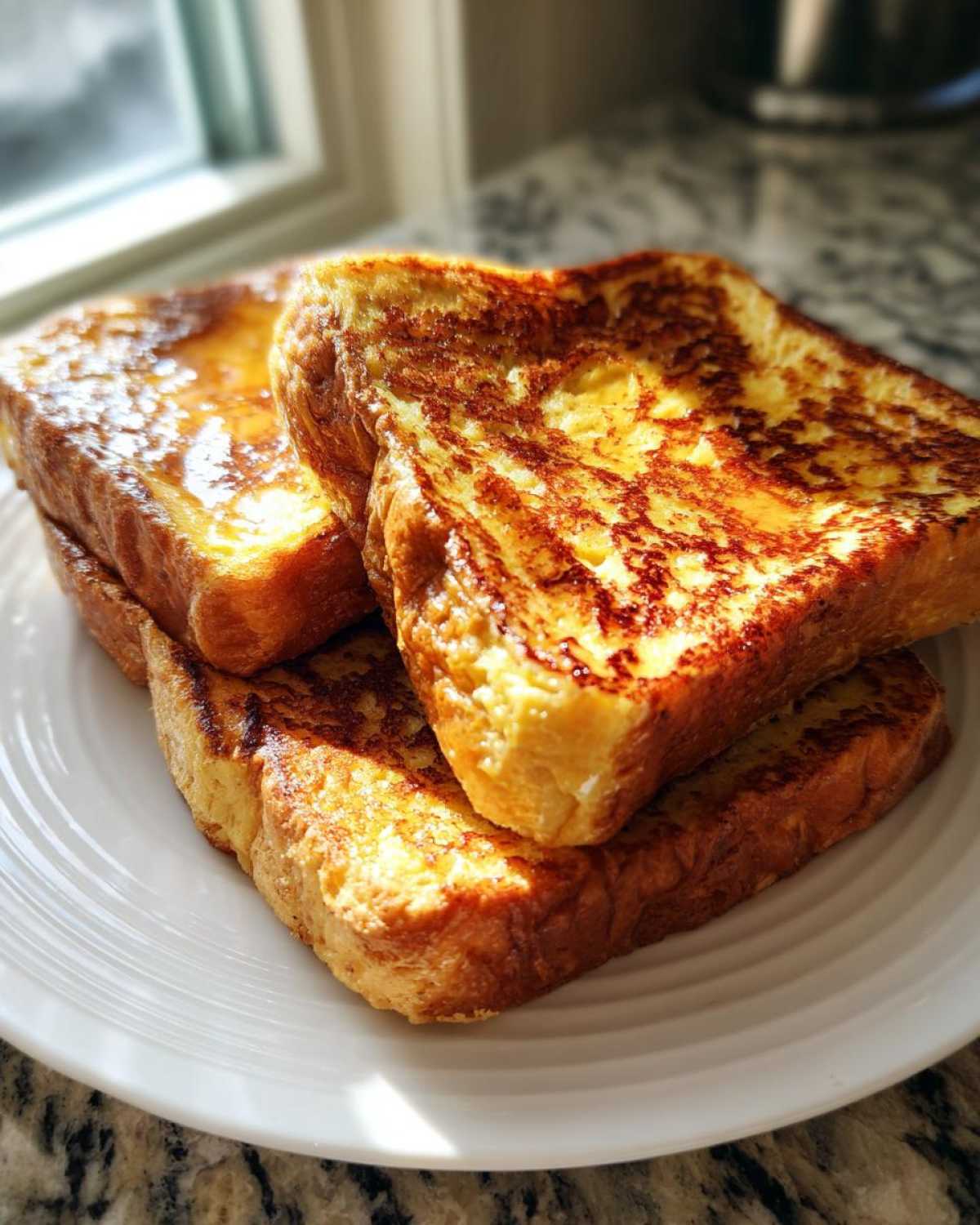 A stack of three thick slices of golden brown french toast glistening with syrup on a white plate.