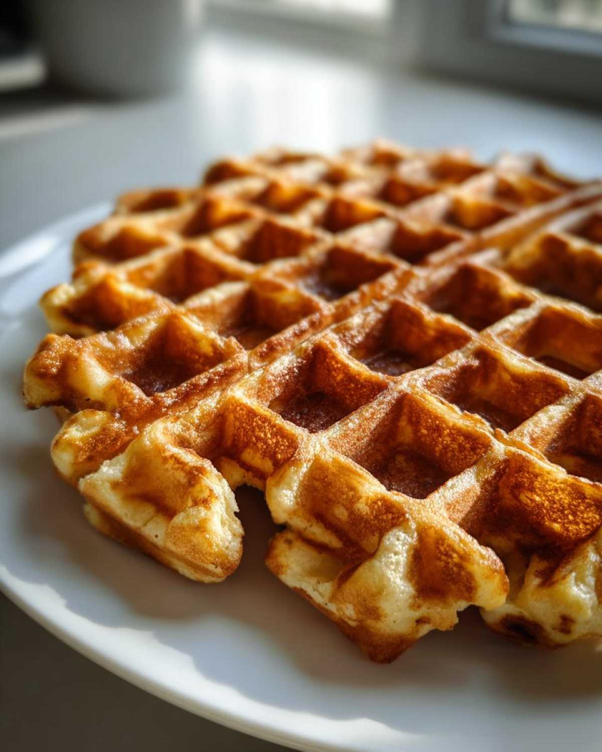 Close-up of a golden brown, fluffy high protein waffles served on a white plate in bright sunlight.