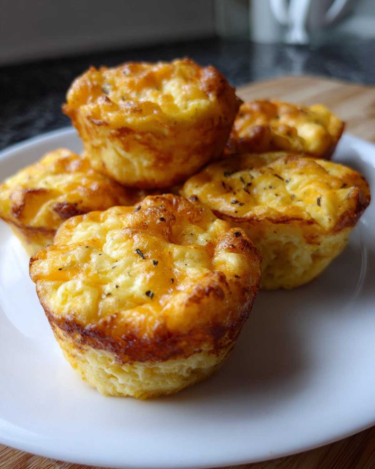 A close-up of several fluffy, golden brown homemade egg bites stacked on a white plate.