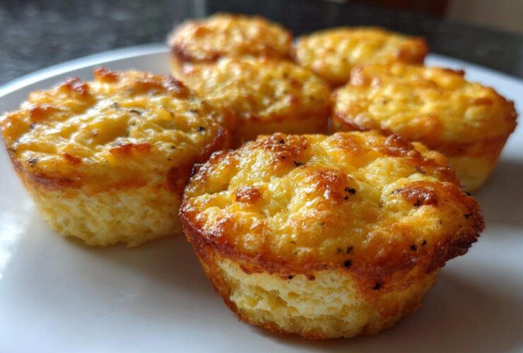 Close-up of several golden brown, fluffy homemade egg bites arranged on a white plate.