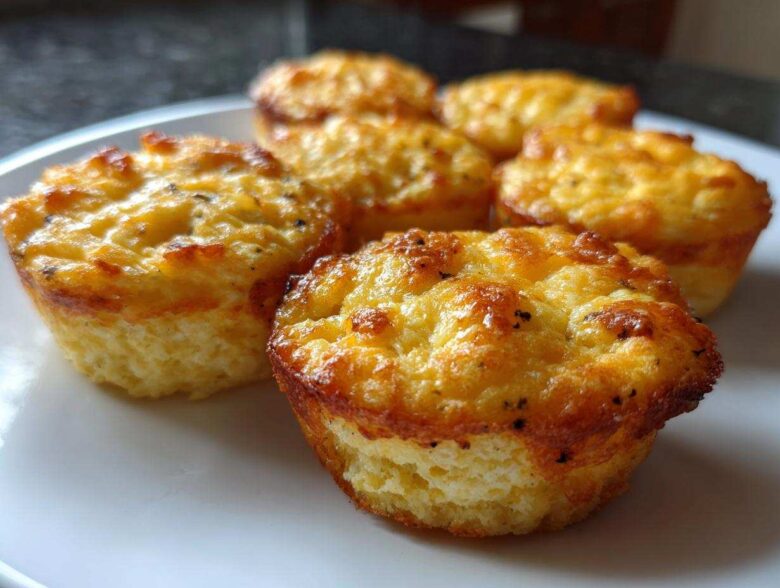 Close-up of several golden brown, fluffy homemade egg bites arranged on a white plate.
