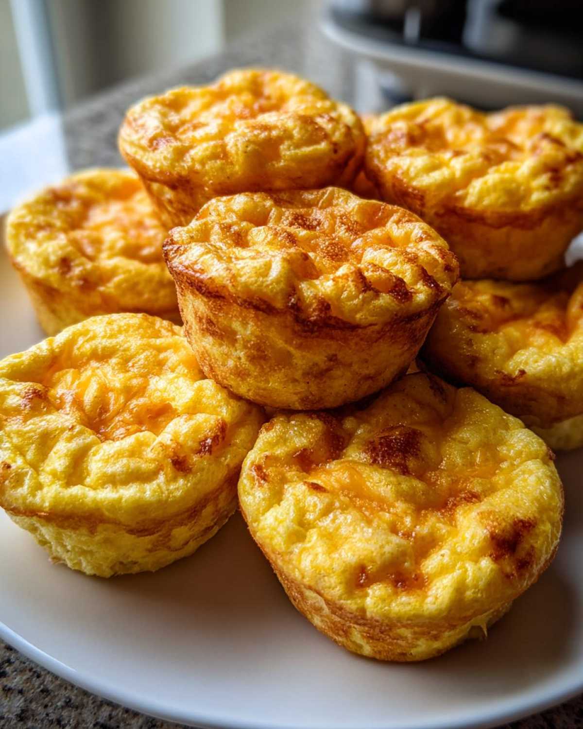 A stack of freshly baked, golden brown homemade egg bites with slightly browned cheesy tops on a white plate.