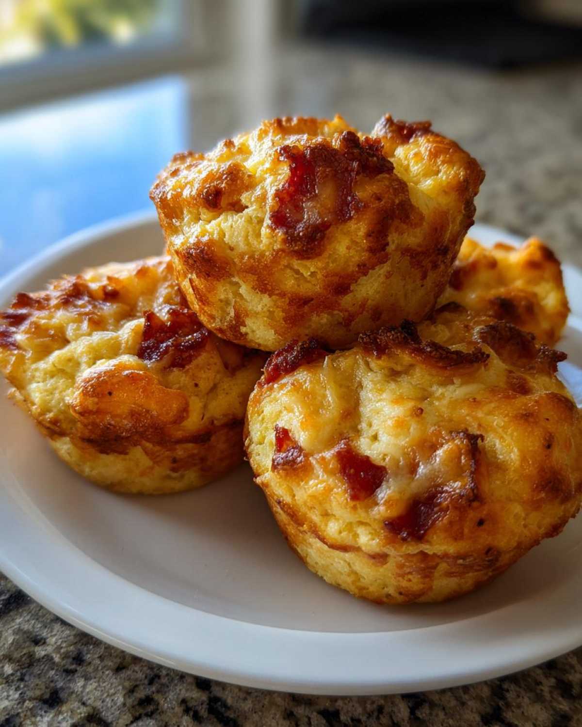 Four golden brown pizza muffins stacked slightly on a white plate, showing melted cheese and toppings.