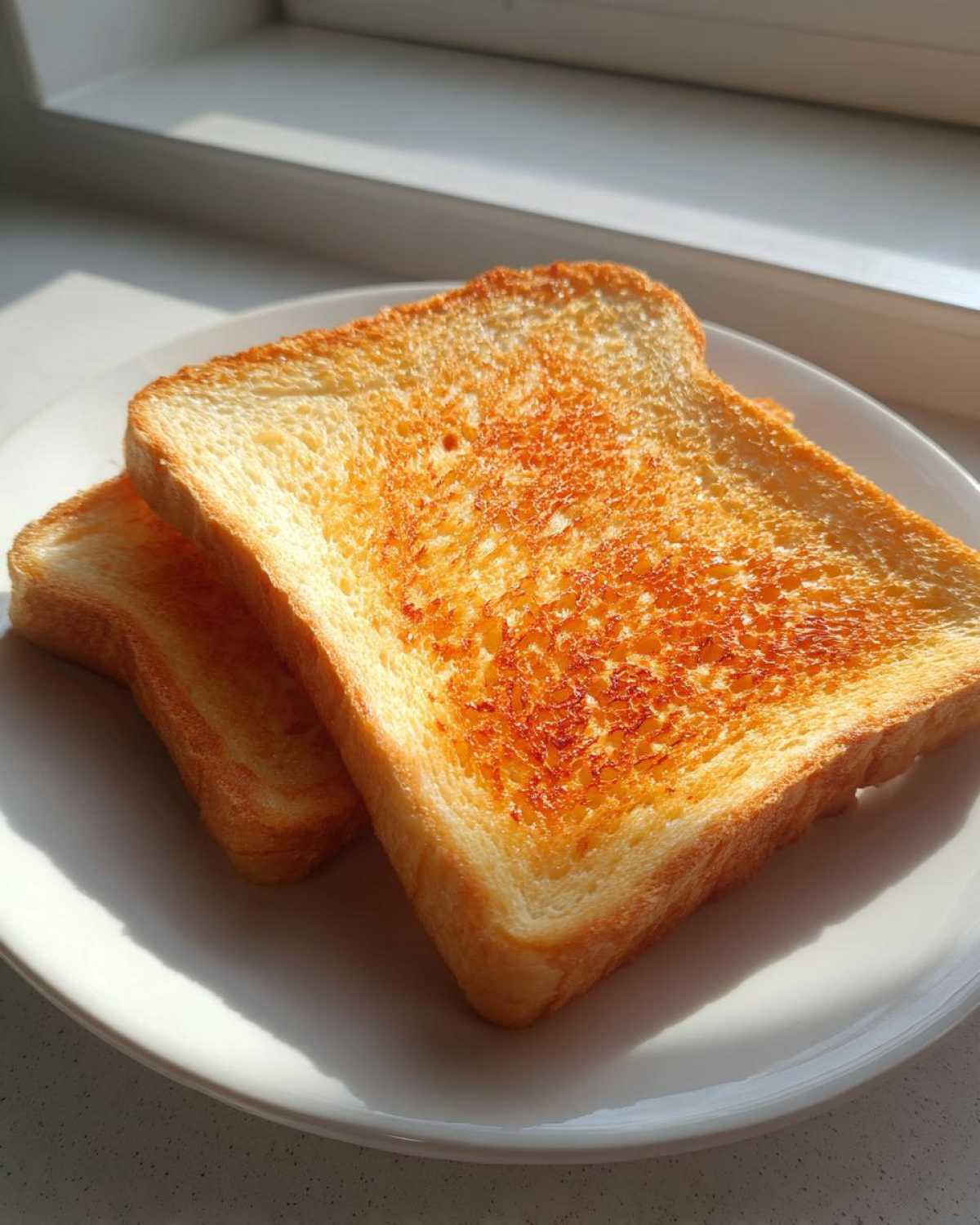 Two slices of perfectly golden bread ready for easy french toast, resting on a white plate near a sunny window.