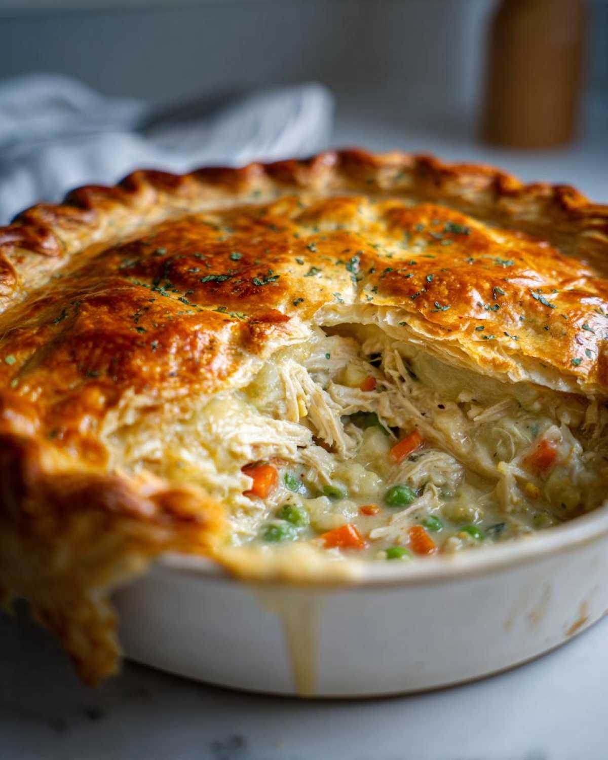 Close-up of a golden-crusted turkey pot pie with a section broken open showing creamy filling, shredded turkey, peas, and carrots.