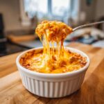 A spoonful of hot, gooey chili cheese dip showing long, melted cheese strings pulling away from the ramekin.
