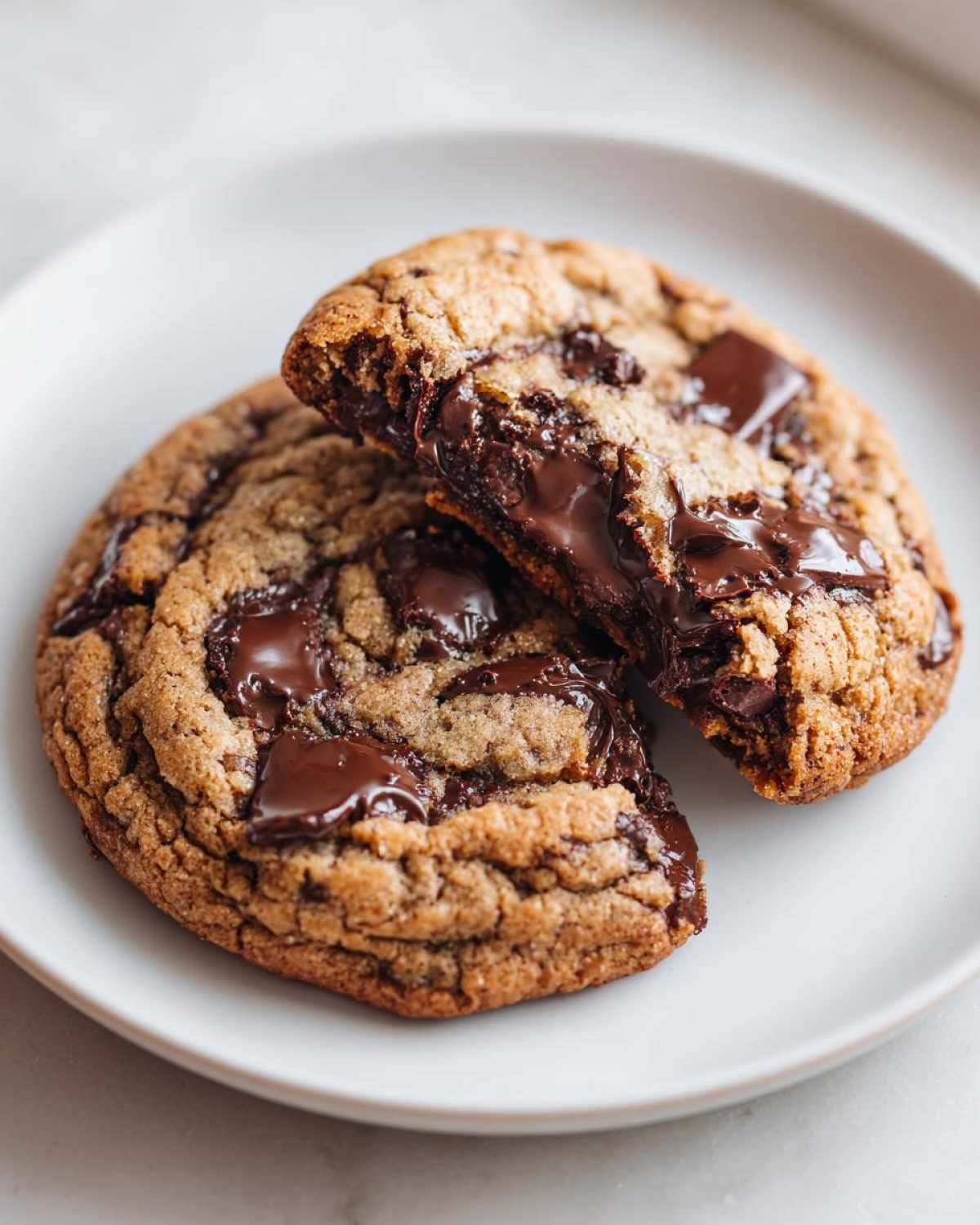 Two gooey chocolate chip cookies on a white plate, one broken open to show melted chocolate chips.