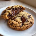 Close-up of a perfectly baked chocolate chip cookies, broken in half to show molten, gooey chocolate center.