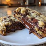 A close-up of a warm chocolate chip cookies broken in half, showing melted, gooey chocolate center.