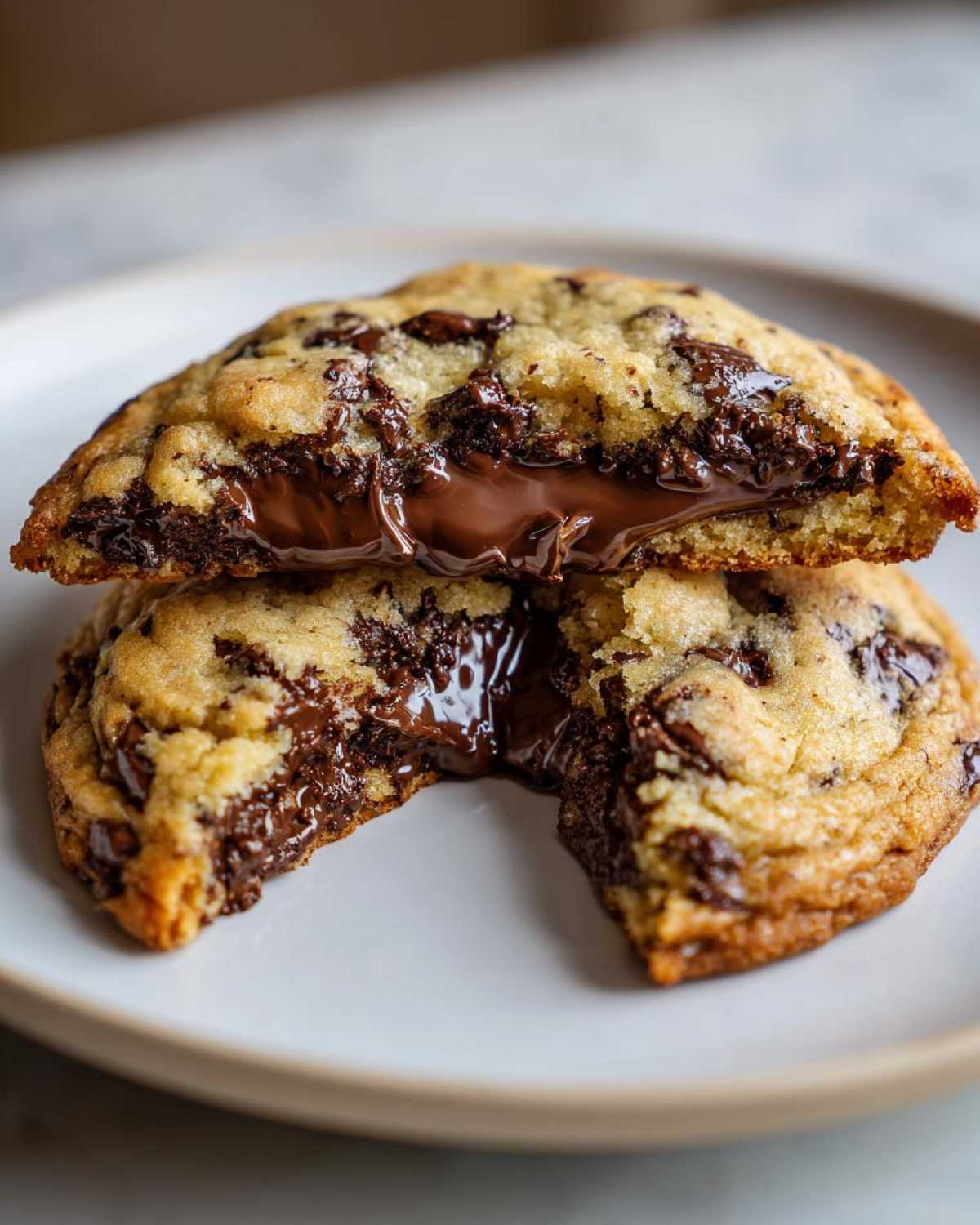 A warm chocolate chip cookie broken in half showing a gooey, melted chocolate center.