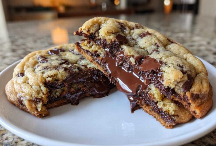 A close-up of a warm chocolate chip cookies broken in half, showing melted, gooey chocolate center.