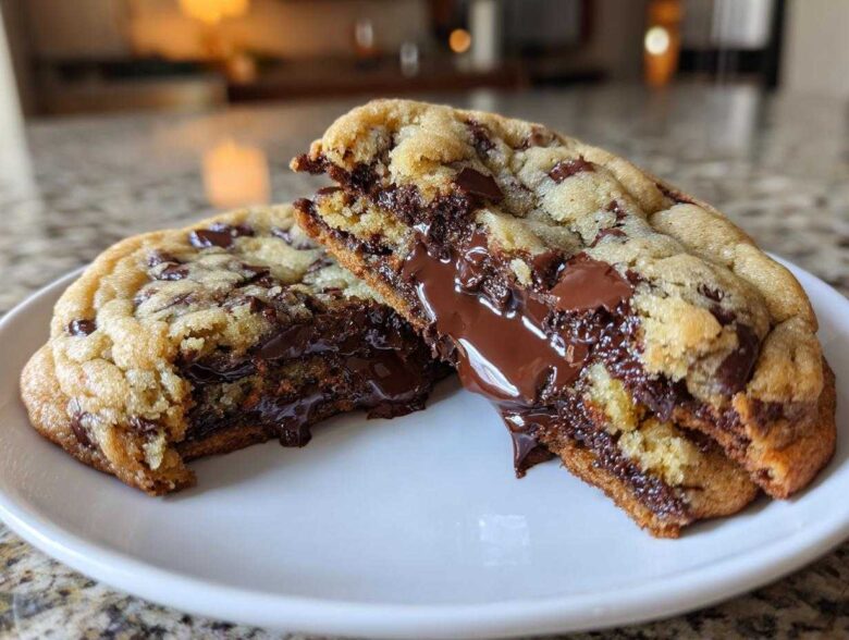 A close-up of a warm chocolate chip cookies broken in half, showing melted, gooey chocolate center.