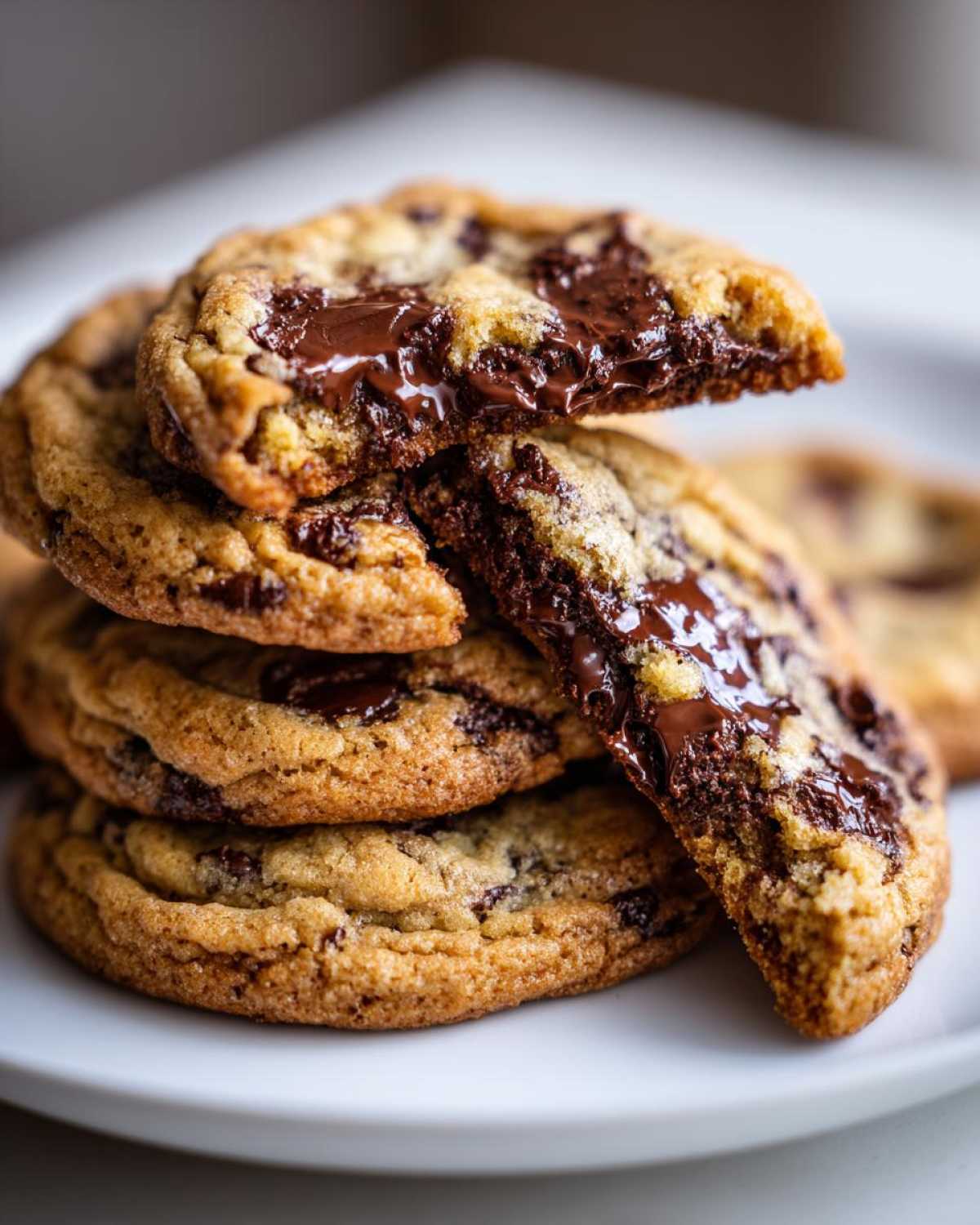 A stack of freshly baked homemade chocolate chip cookies with melted chocolate oozing out of the broken top cookie.