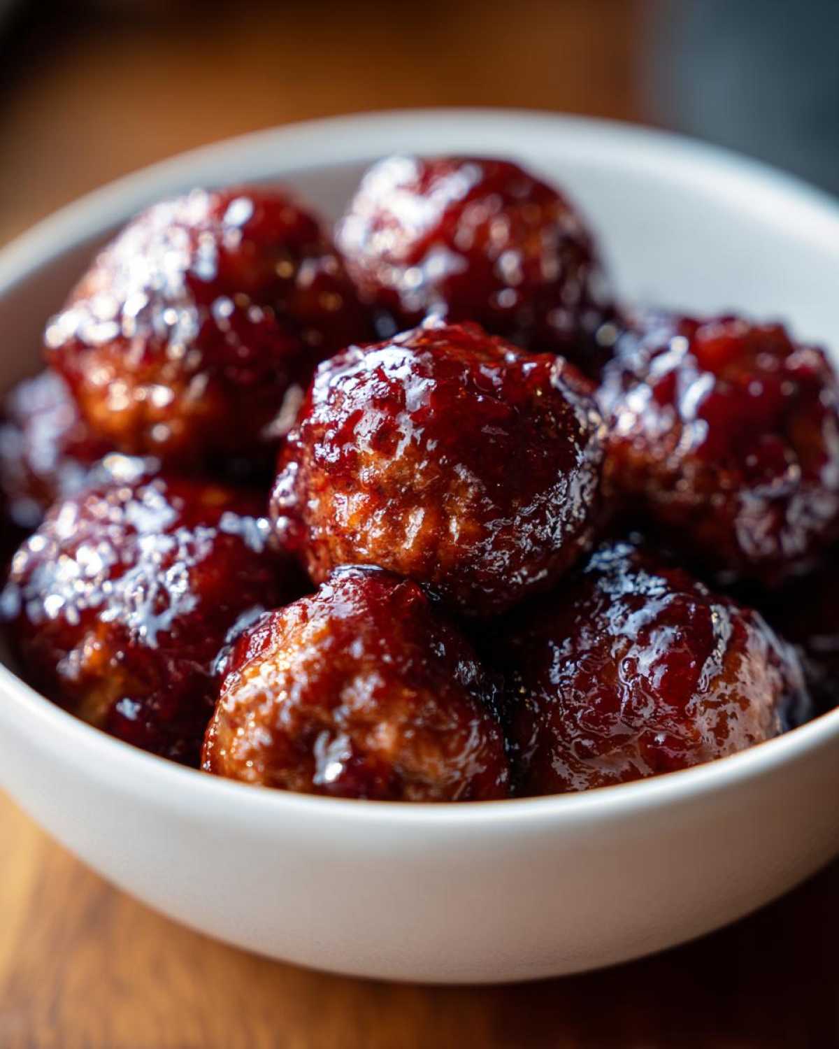 Close-up of several moist grape jelly meatballs covered in a thick, dark, glossy sauce, served in a white bowl.