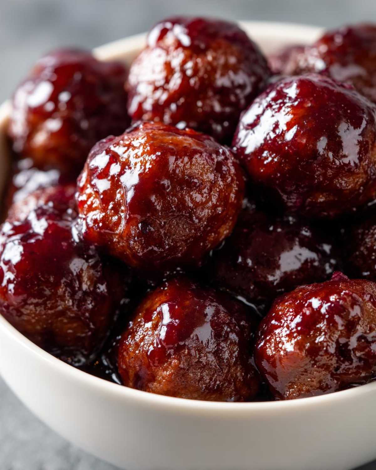 A close-up shot of savory grape jelly meatballs coated in a thick, glossy, dark red sauce.