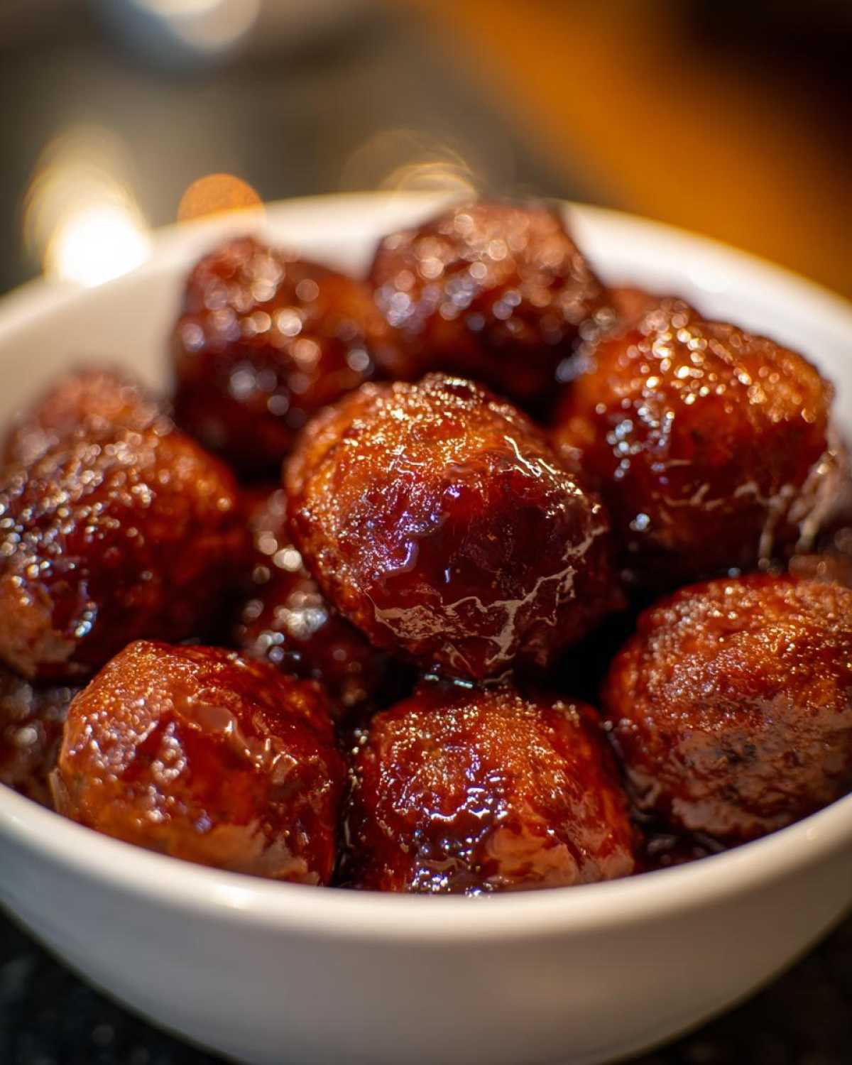 Close-up of rich, glossy grape jelly meatballs simmering in a white serving bowl.