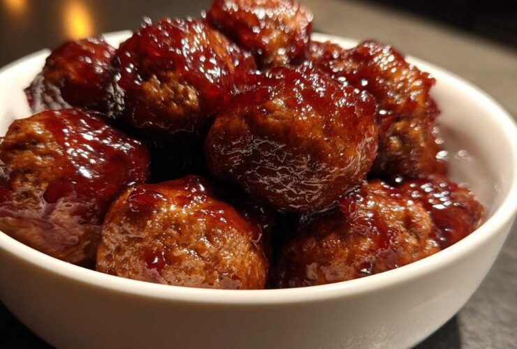 Close-up of shiny, glazed grape jelly meatballs piled high in a small white serving bowl.