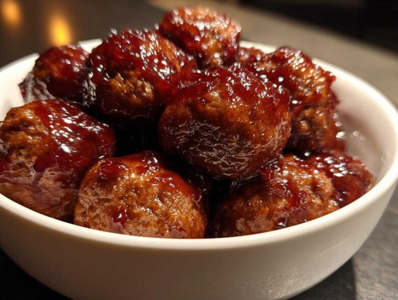 Close-up of shiny, glazed grape jelly meatballs piled high in a small white serving bowl.