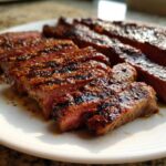 Close-up of medium-rare steak slices, showing grill marks, seasoned after using the carne asada marinade.