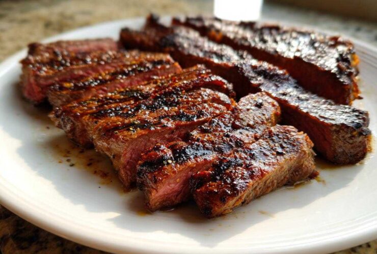Close-up of medium-rare steak slices, showing grill marks, seasoned after using the carne asada marinade.