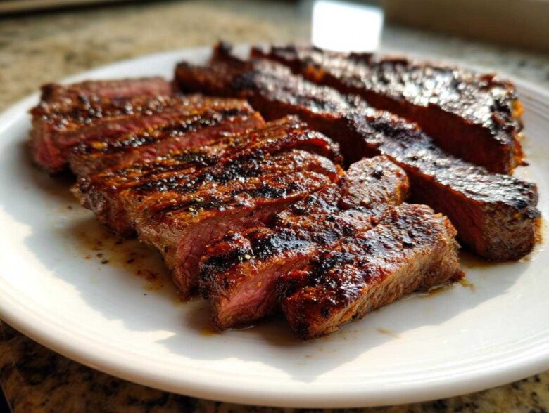 Close-up of medium-rare steak slices, showing grill marks, seasoned after using the carne asada marinade.