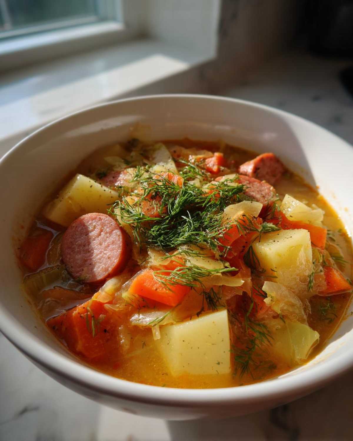 Close-up of a white bowl filled with rich sauerkraut soup, featuring chunks of sausage, potatoes, carrots, and fresh dill.