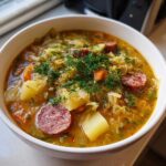 Close-up of a hearty bowl of sauerkraut soup featuring chunks of potato, sausage slices, and fresh dill garnish.
