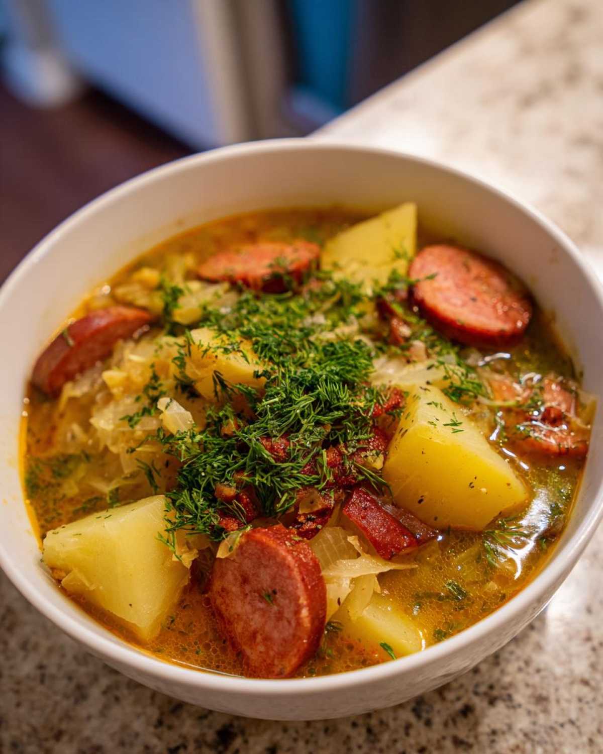 Close-up of a white bowl filled with rich sauerkraut soup, featuring chunks of potato, sliced smoked sausage, and fresh dill.