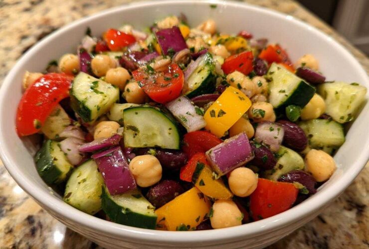 A vibrant, close-up view of a high protein bean salad featuring chickpeas, kidney beans, cucumbers, red onion, and bell peppers in a white bowl.