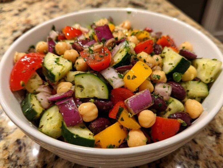 A vibrant, close-up view of a high protein bean salad featuring chickpeas, kidney beans, cucumbers, red onion, and bell peppers in a white bowl.