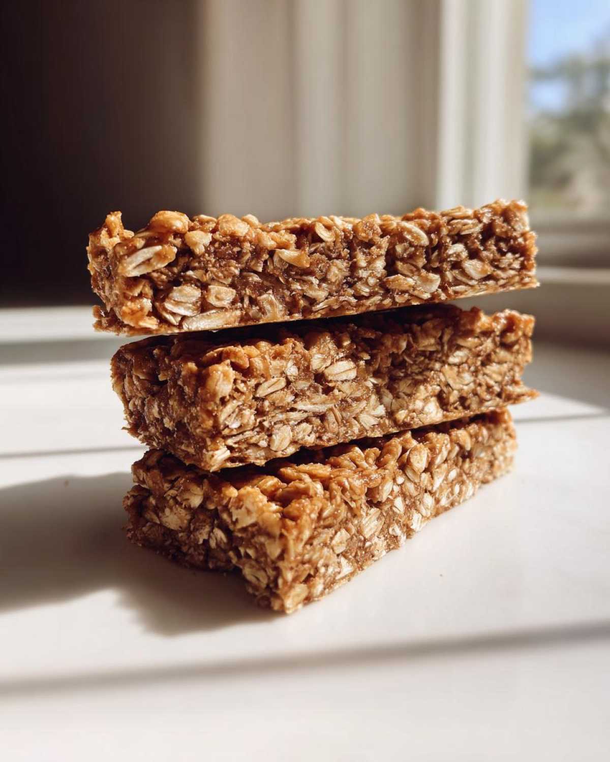 A stack of three homemade, chewy protein bars made with visible oats, set against bright natural light.