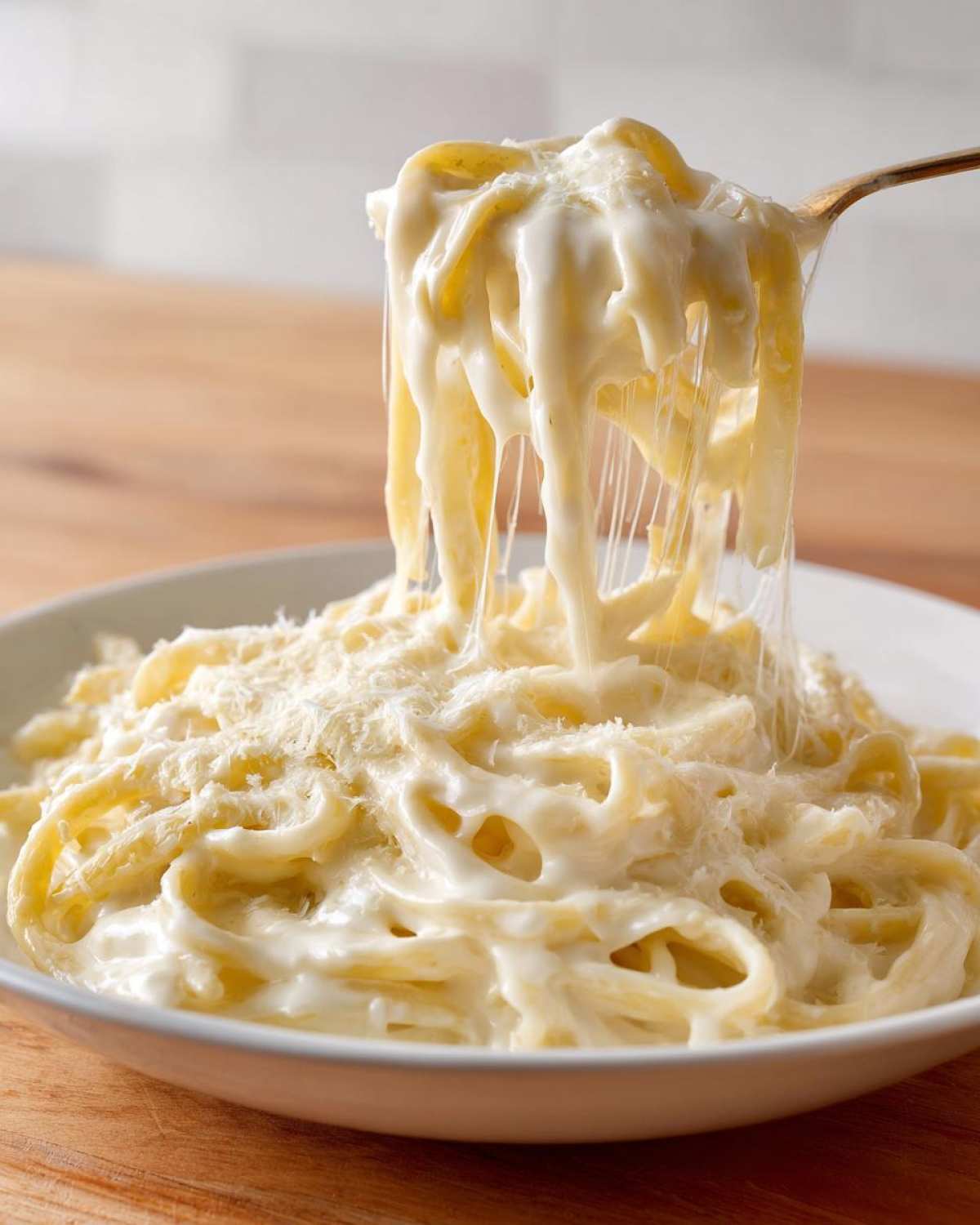 A fork lifts fettuccine coated in rich, creamy homemade alfredo sauce, showing cheese stretches.