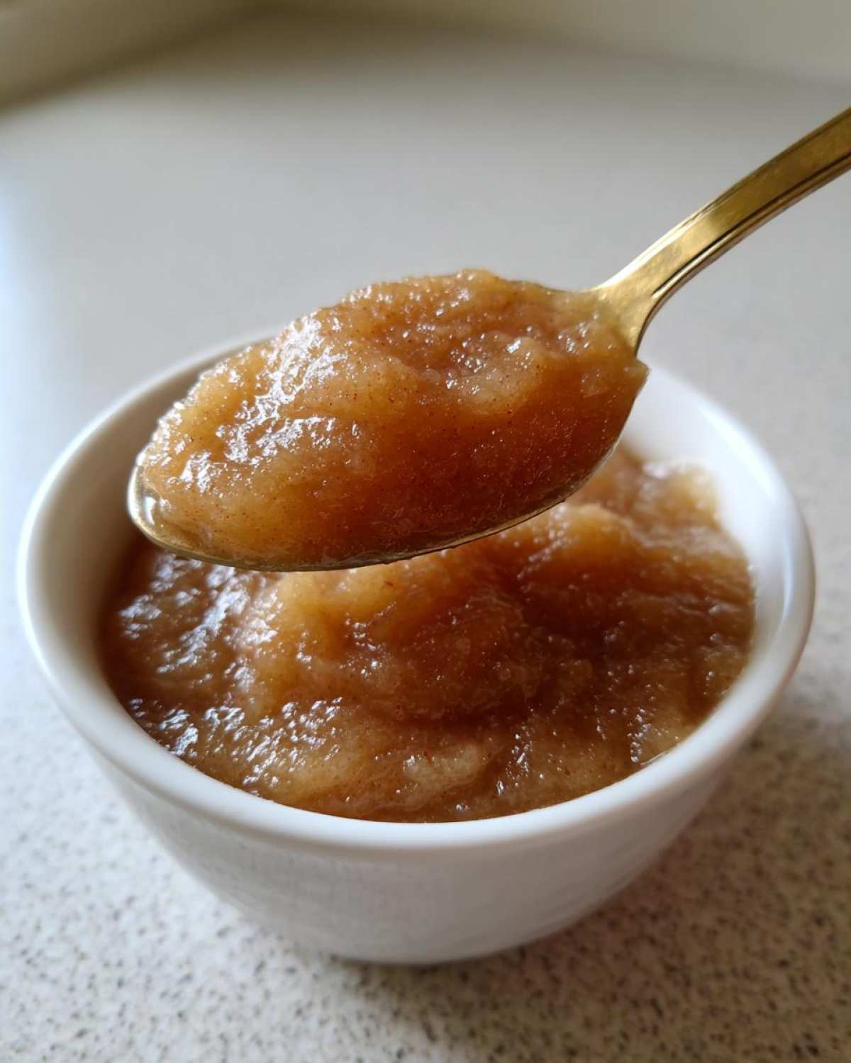 A spoonful of rich, brown homemade applesauce being lifted from a small white bowl.