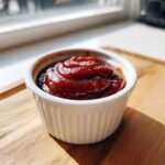 A close-up of thick, rich homemade bbq sauce served in a small white fluted ramekin.