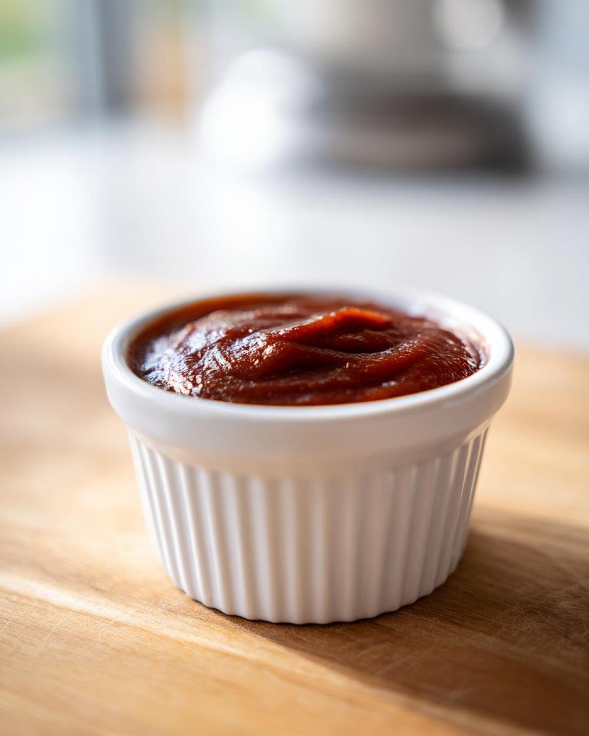 A close-up of rich, dark homemade bbq sauce served in a small white fluted ramekin.