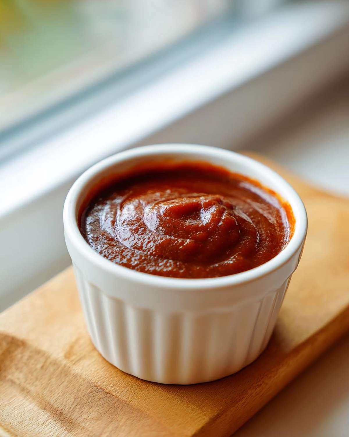 Close-up of thick, rich homemade bbq sauce served in a small white fluted ramekin.