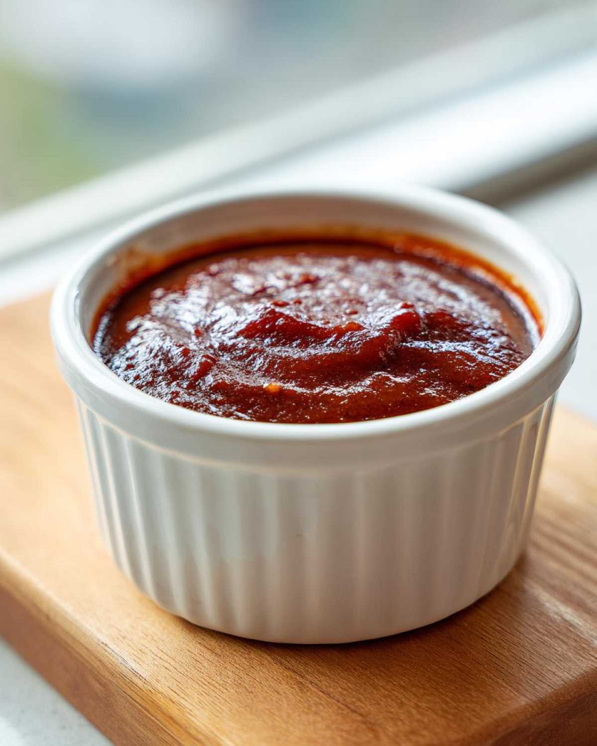 Close-up of thick, rich homemade bbq sauce served in a small white fluted ramekin.