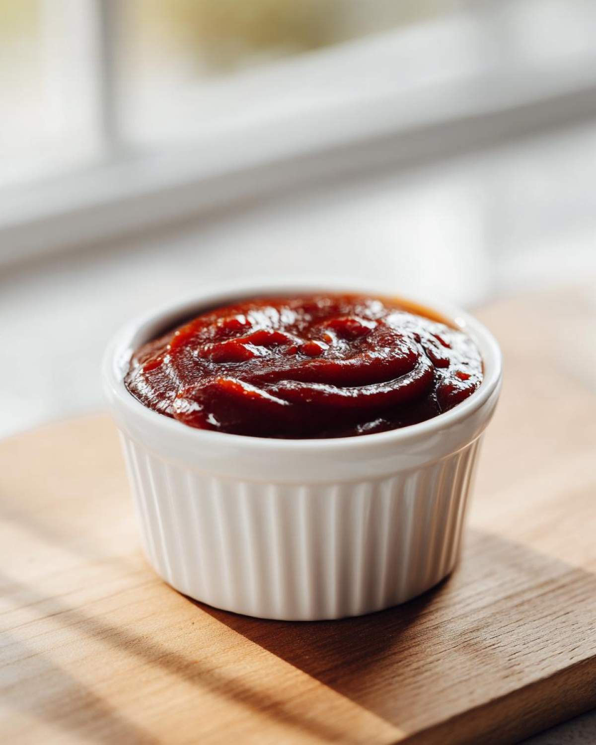 Close-up of thick, rich homemade bbq sauce served in a small white fluted ramekin on a wooden board.