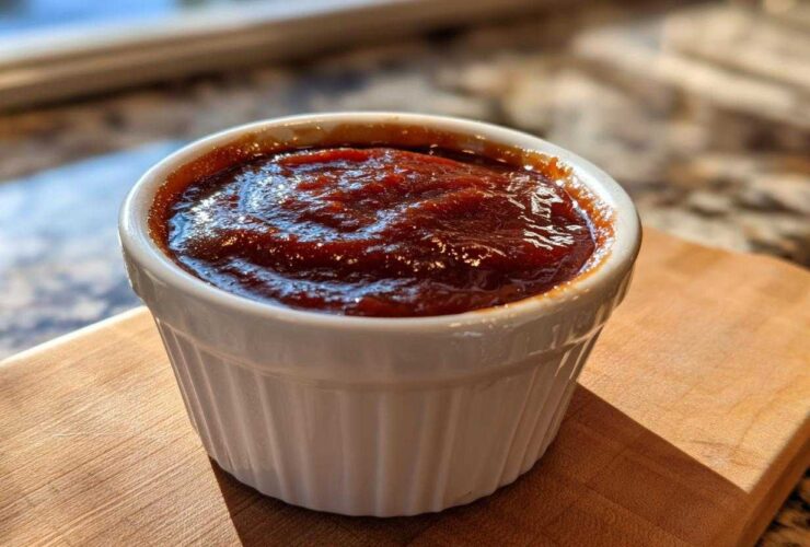 Close-up of thick, rich homemade bbq sauce served in a small white fluted ramekin.