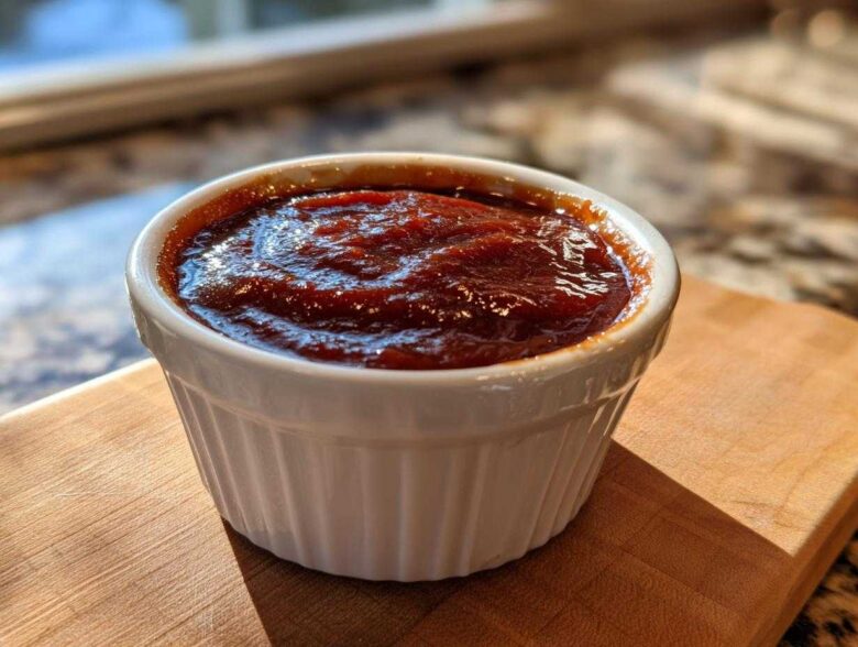 Close-up of thick, rich homemade bbq sauce served in a small white fluted ramekin.