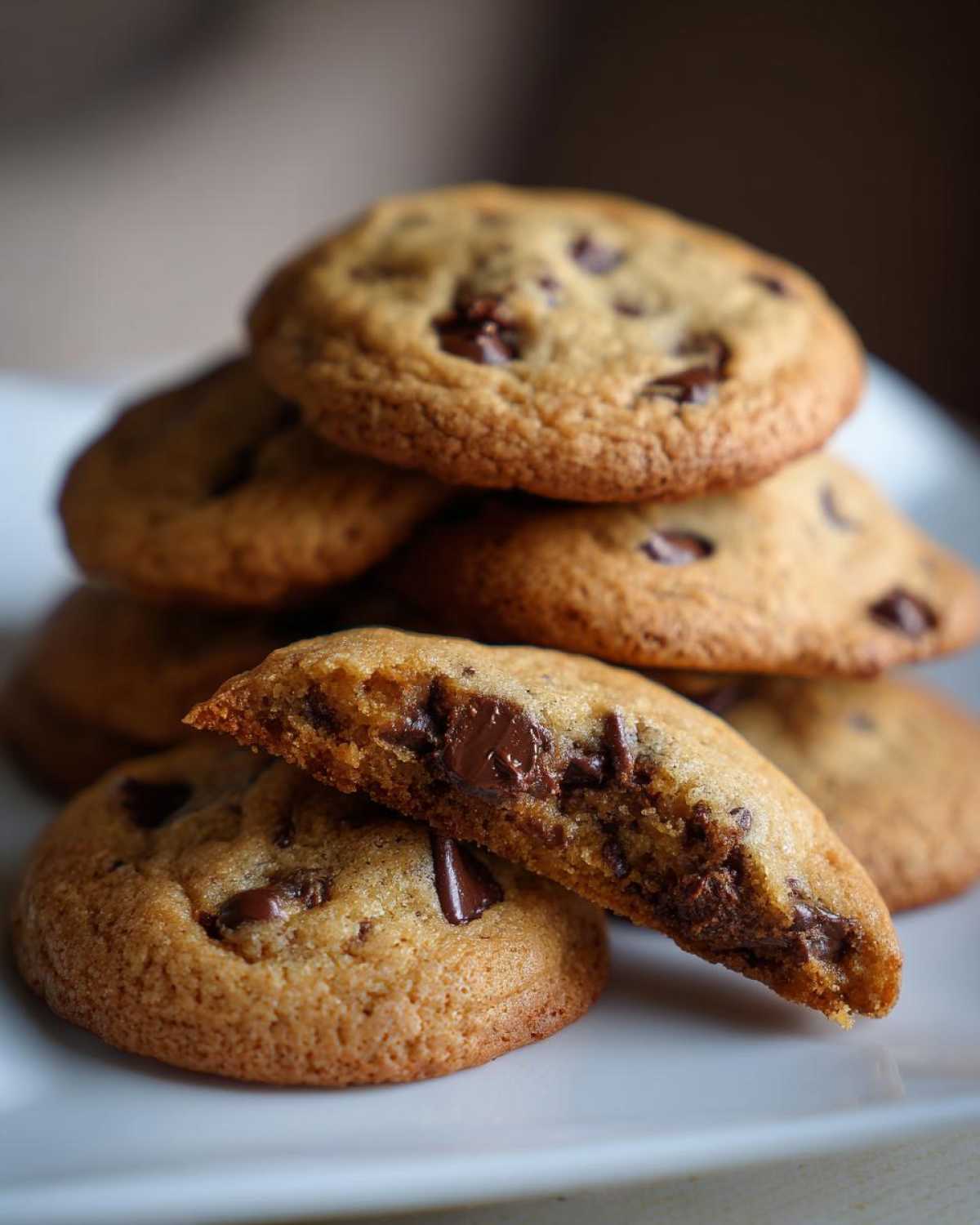 Close-up of a stack of homemade chocolate chip cookies, one broken open showing melted chocolate chips inside.