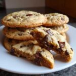 A stack of freshly baked homemade chocolate chip cookies, one broken in half showing gooey melted chocolate.