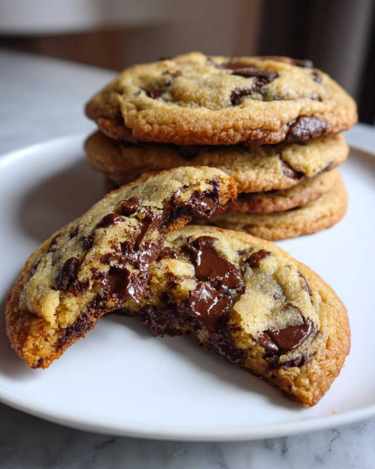 A stack of golden brown homemade chocolate chip cookies, with one broken open revealing gooey, melted chocolate.