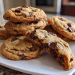 A stack of freshly baked homemade chocolate chip cookies on a white plate, one broken open to show melted chocolate.