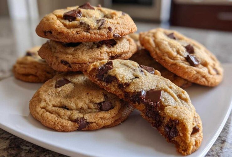 A stack of freshly baked homemade chocolate chip cookies on a white plate, one broken open to show melted chocolate.