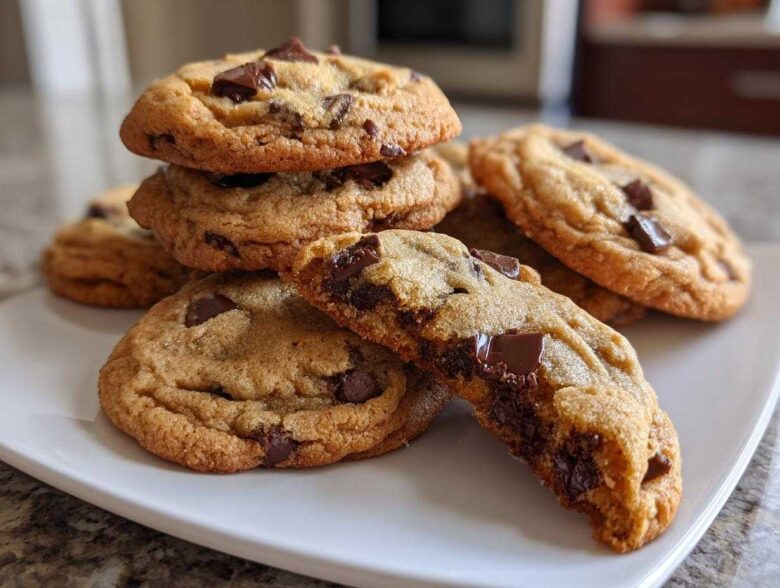 A stack of freshly baked homemade chocolate chip cookies on a white plate, one broken open to show melted chocolate.