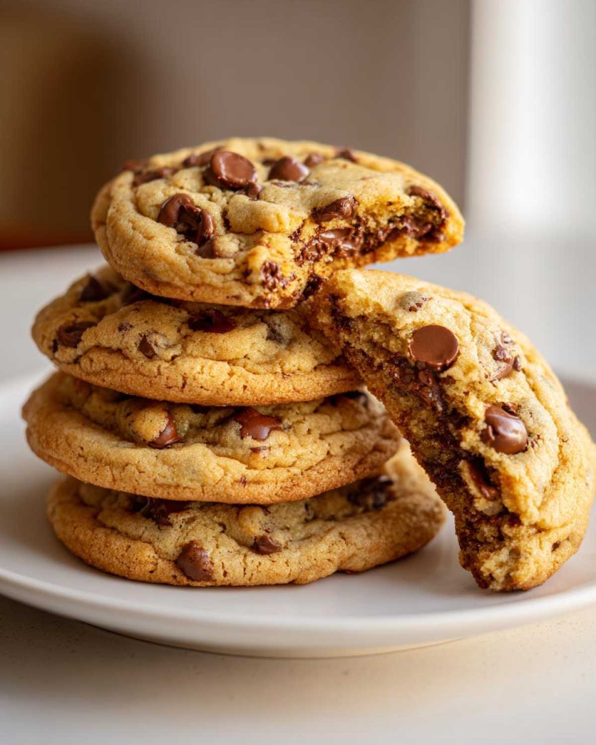 A stack of four soft, thick homemade chocolate chip cookies, with one broken open to show the melted chocolate center.