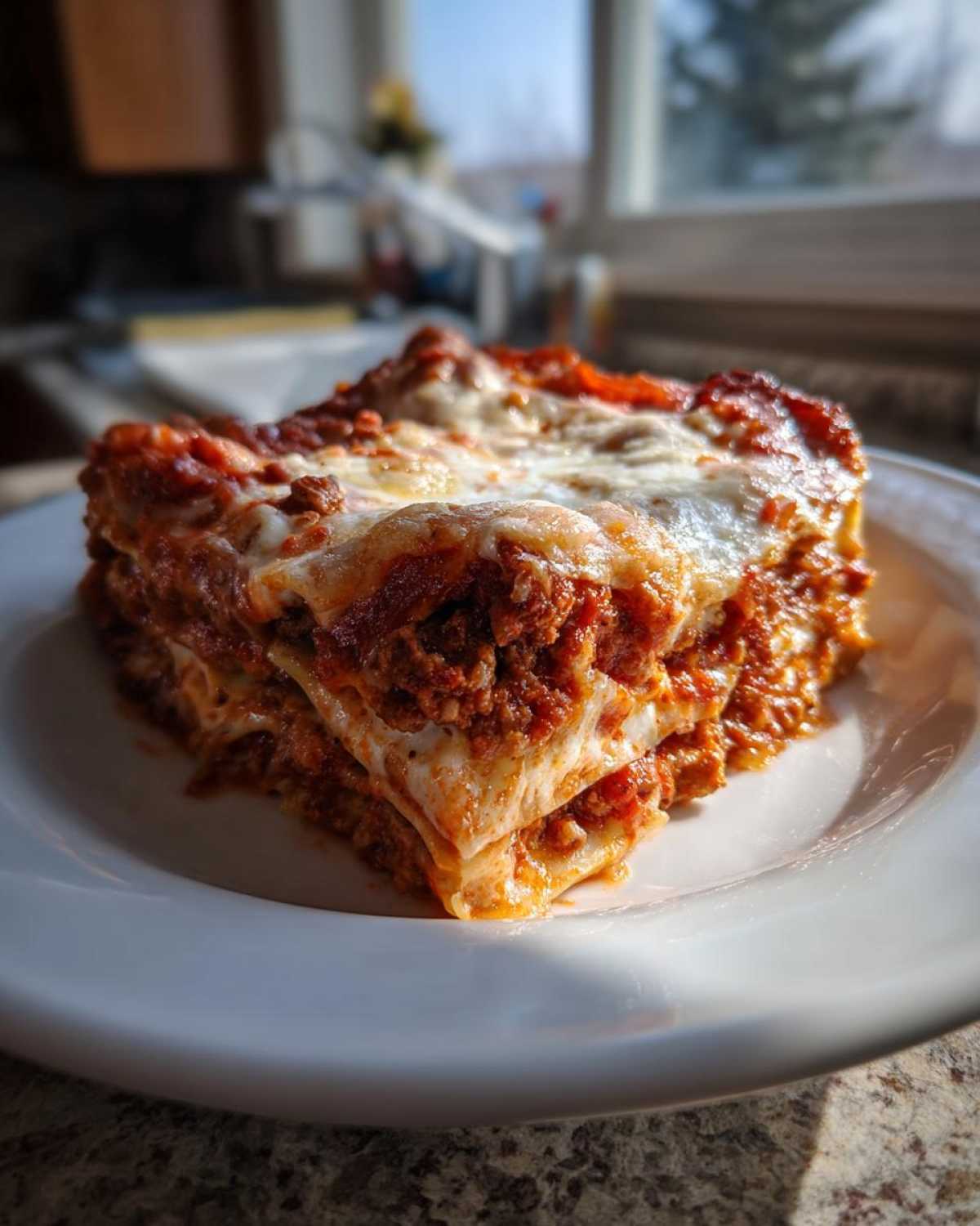 A thick, square slice of homemade lasagna with rich meat sauce and melted cheese layers, served on a white plate.