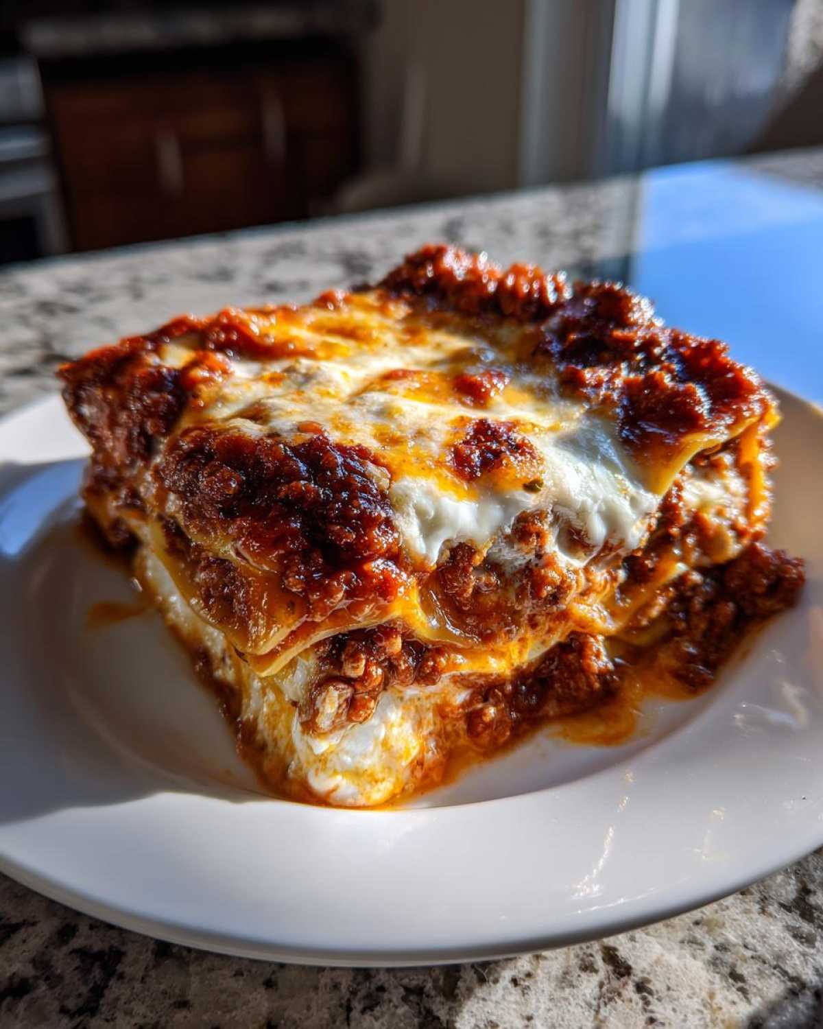 A close-up of a rich, layered slice of homemade lasagna topped with melted mozzarella and meat sauce.